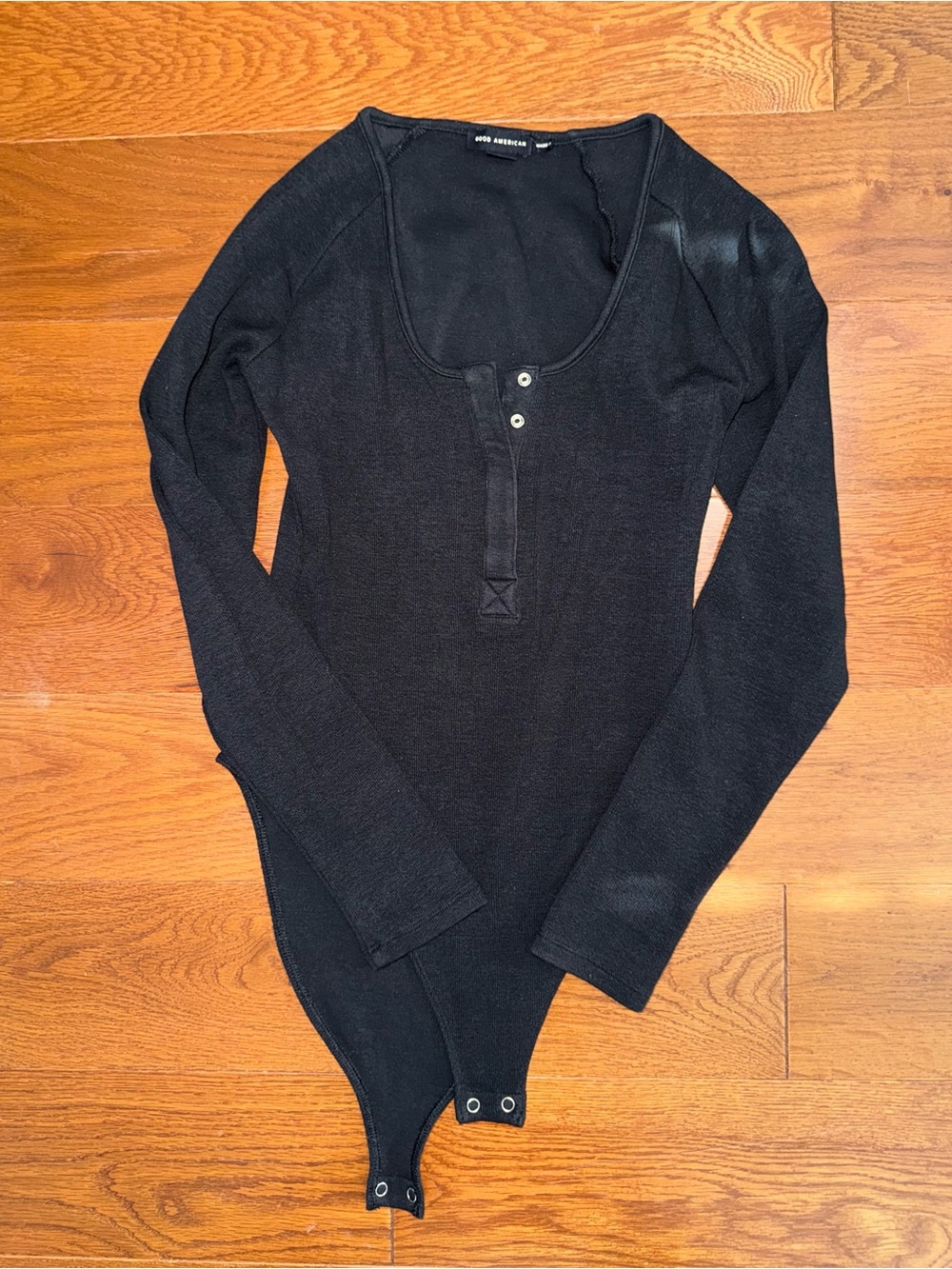 Good American Black Ribbed Long Sleeve Henley Bodysuit